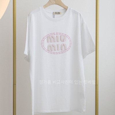 [국내배송] 미*미우 핑크 진주로고 티셔츠