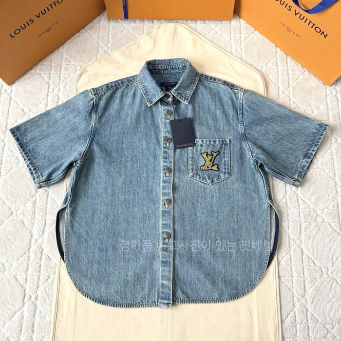루*비통 박시 데님 반팔 셔츠 여성용
