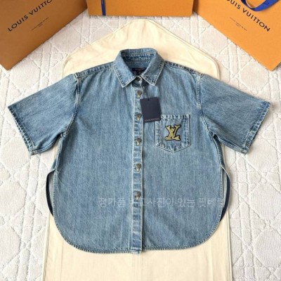루*비통 박시 데님 반팔 셔츠 여성용