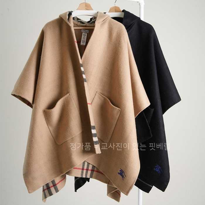 [국내배송] 버*리 여성 리버시블 체크 캐시미어 후드 케이프 (2color)