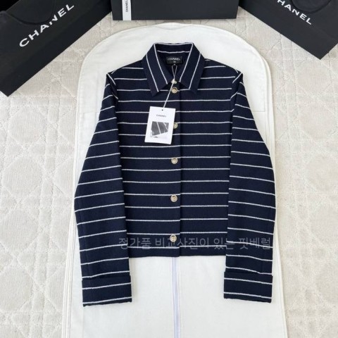 샤* 26C 까멜리아 버튼 스트라이프드 폴로 가디건